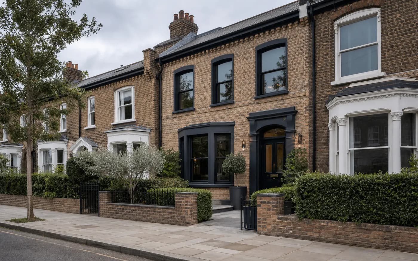 London terraced house with brickwork, planting, and dark framed windows